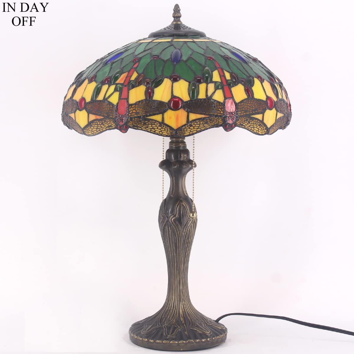 Tiffany Lamp Stained Glass Bedside Table Lamp Green Yellow Dragonfly 16X16X24 Inches Desk Reading Light Metal Base Decor Bedroom Living Room Home Office S009G Series