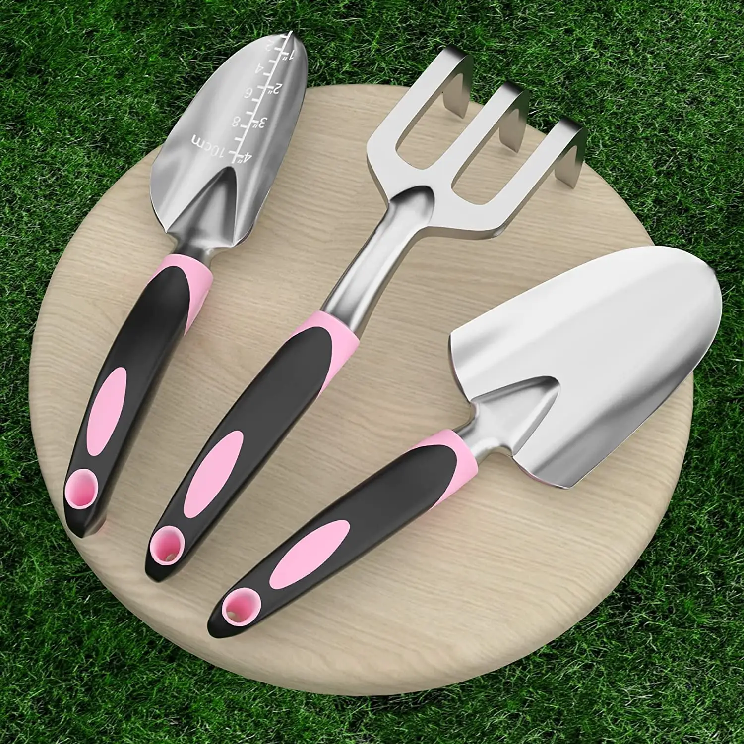 3 Piece Gardening Tools Transplanter Trowel Hand Rake with Non Slip Rubber Grip Heavy Duty Gardening Tool Set