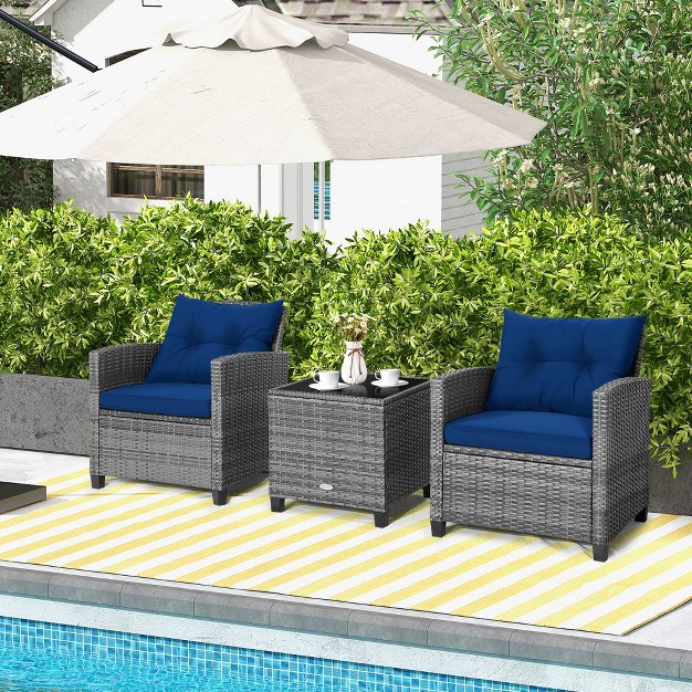 Costway 3pcs Patio Rattan Furniture Bistro Set Cushioned Sofas Side Table Armrest