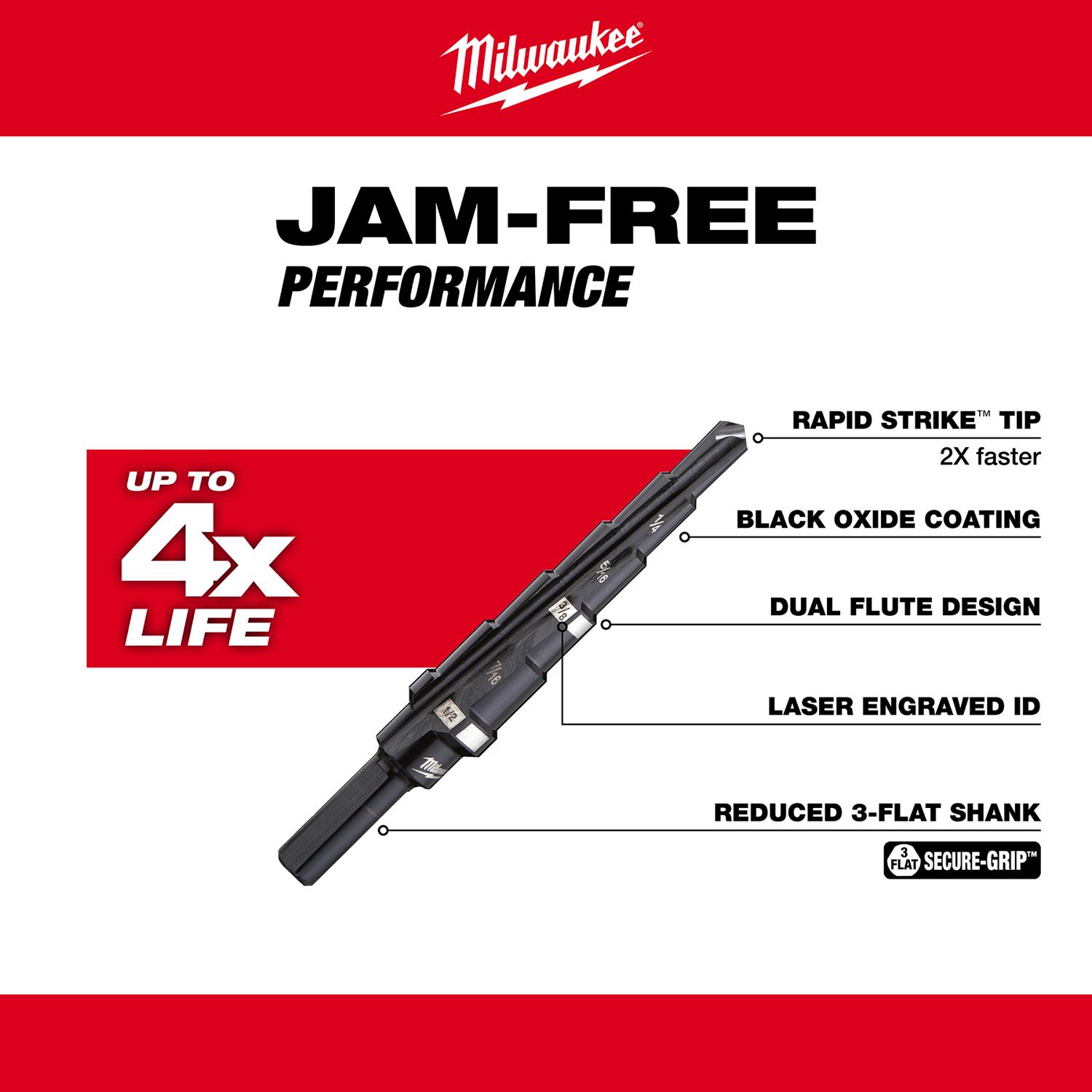 MW JAM-FREE 3/16 to 1/2 in. X 6 in. L Black Oxide Step Drill Bit 1 pc