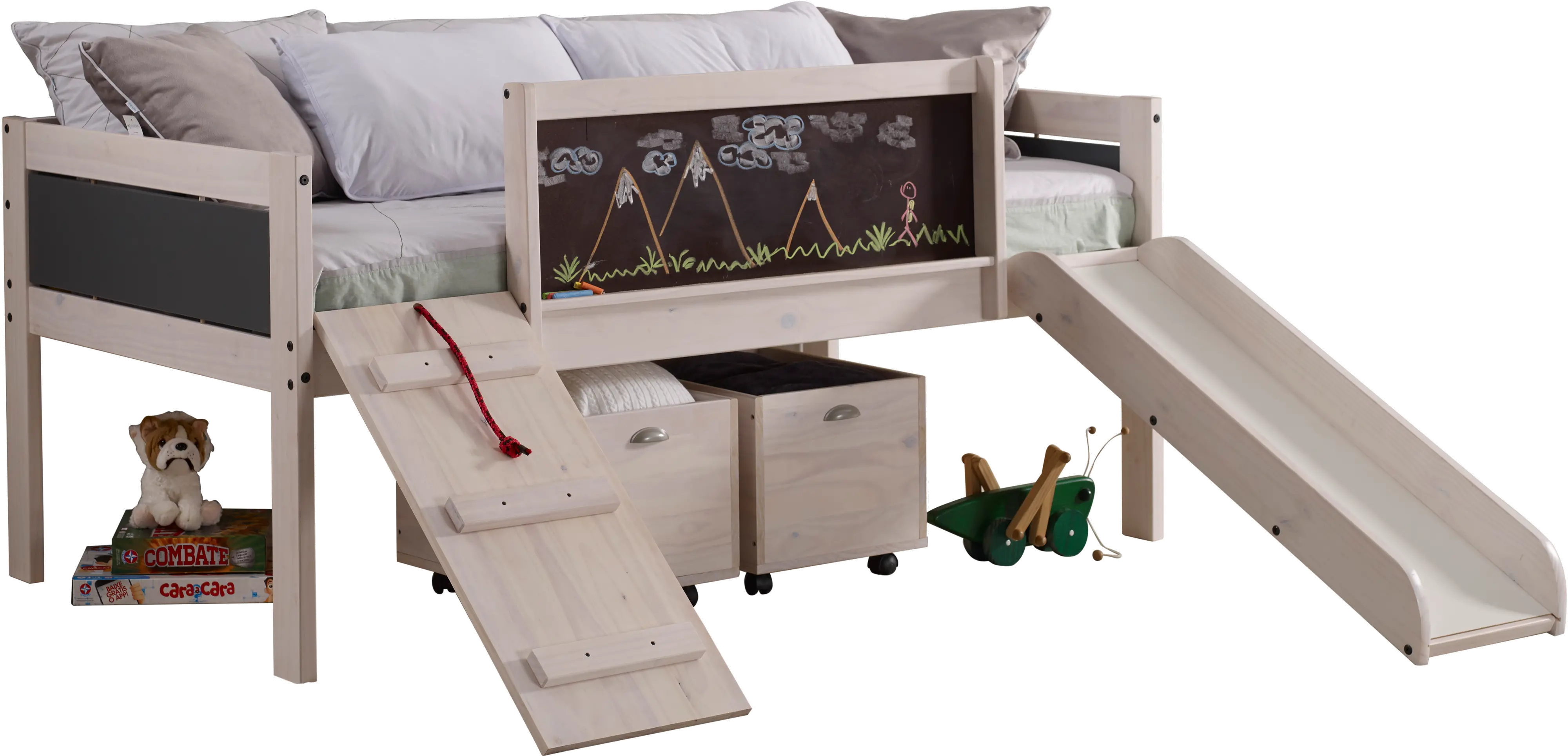 Whitewash Twin Low Loft Bed with Storage - Junior