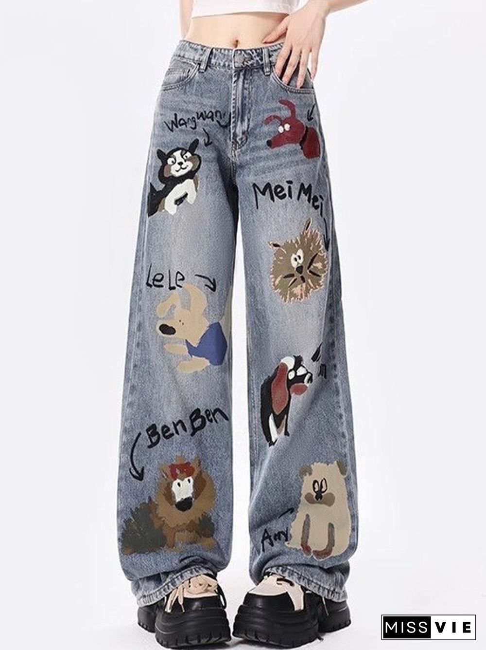 Animal Graffiti Print High Rise Boyrfriend Jeans