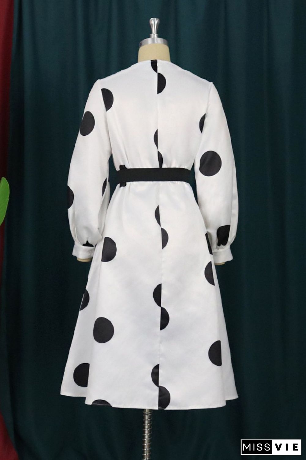 Casual Dot Print With Belt With Bow O Neck Long Sleeve Dresses