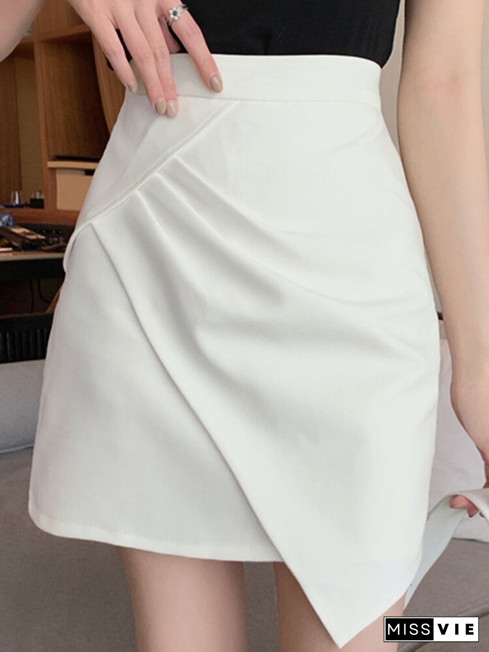 Asymmetrical Hem Pleated Solid Mini Women Skirt