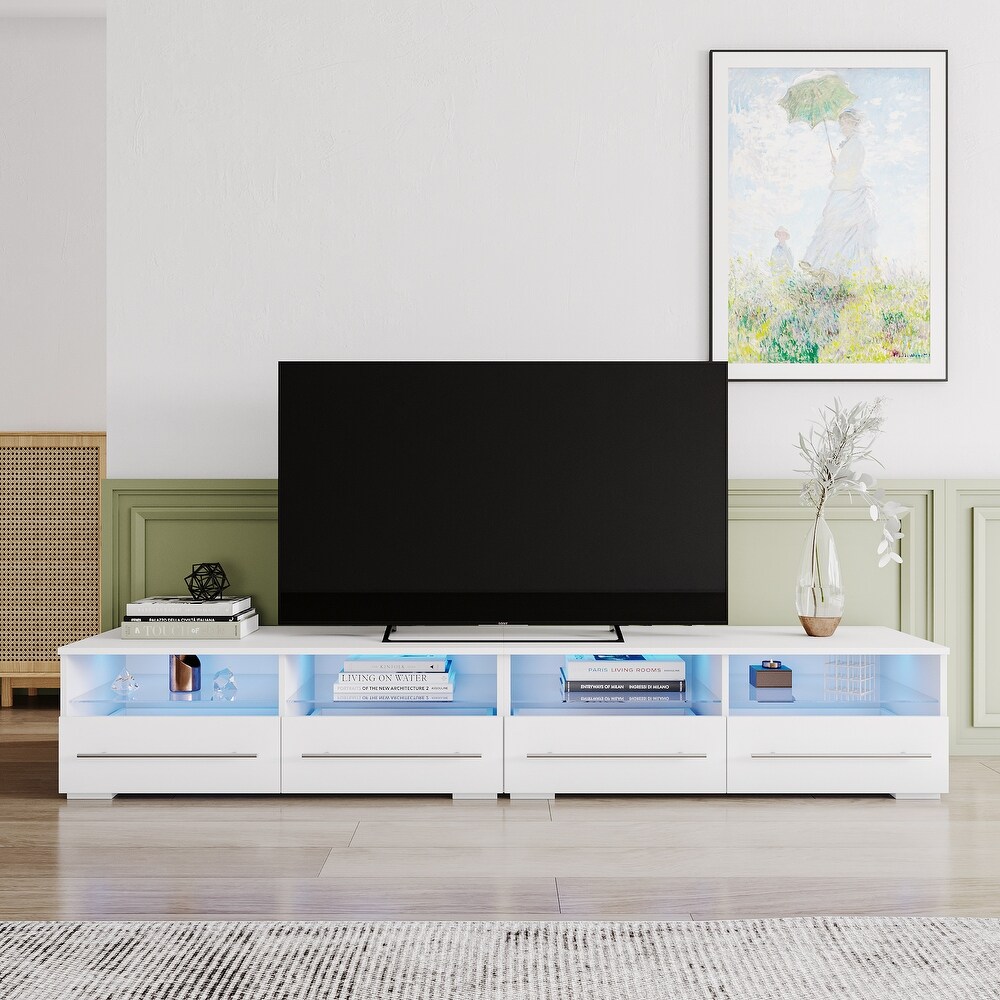 Modern TV Console with 16 Color LED Remote Control Lights Media Console Entertainment Center with 2 Drawers   2 Open Shelves