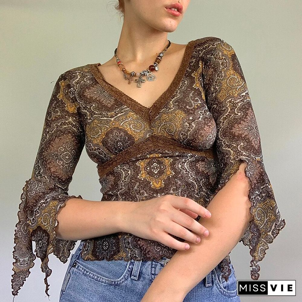 Autumn Lace Floral Mesh Tops Women Vintage Half Flare Sleeve V Neck T-Shirts Female Elegant Slim Brown Tee Shirts Mujer