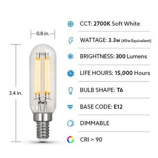 Feit Electric 40-Watt Equivalent T6 Dimmable Straight Filament Clear Glass E12 Candelabra Vintage LED Light Bulb Soft White (4-Pack) T640CL927CAHDRP4RP