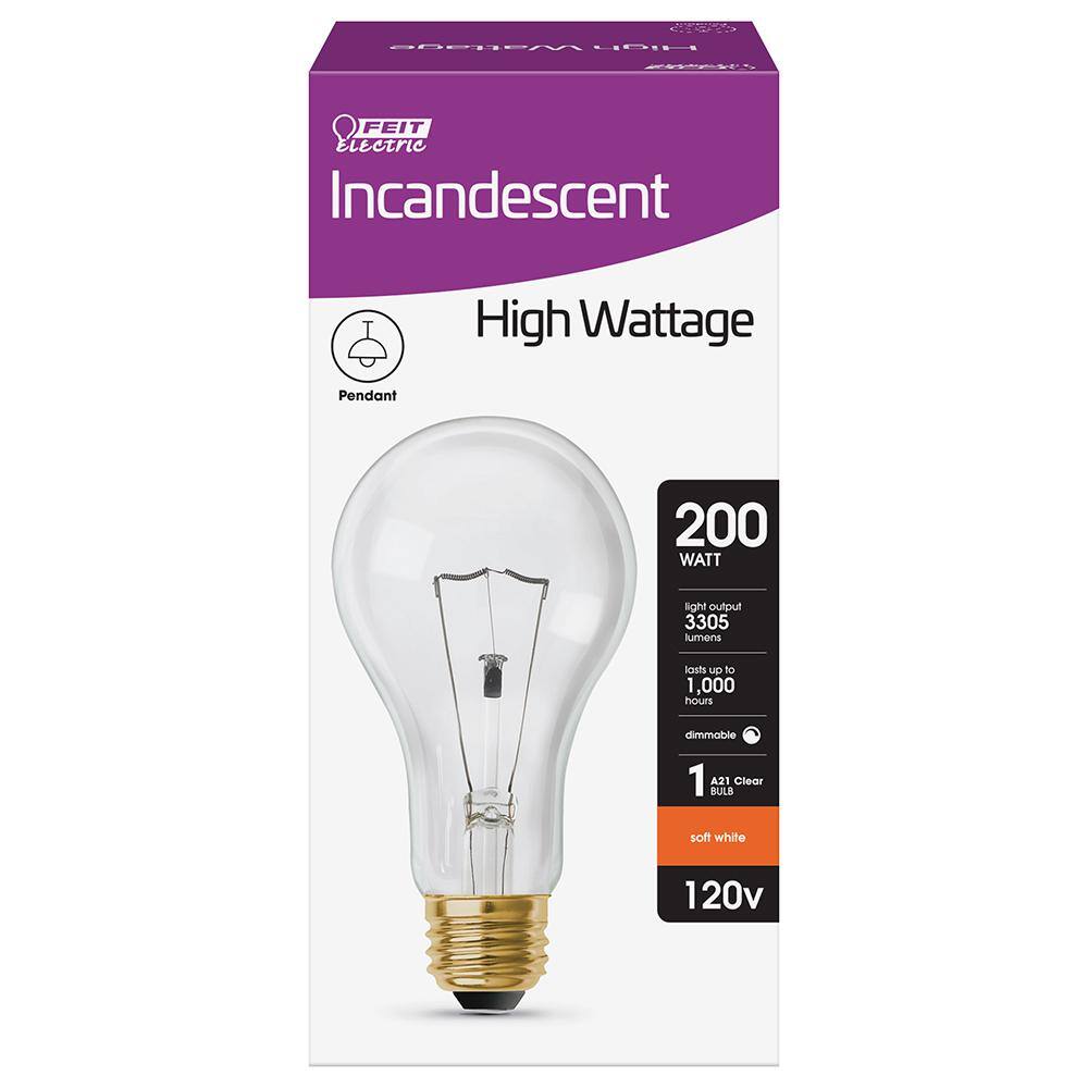 Feit Electric 200-Watt High Lumen Clear A21 Medium E26 Soft White (2700K) Utility Incandescent Light Bulb (24-Pack) 200ACLHDRP24