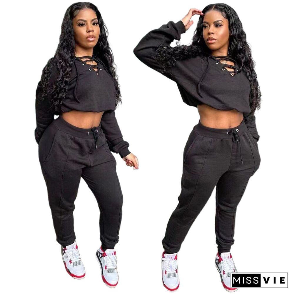 Long Sleeve Bandage Crop Top Sweatpants Set