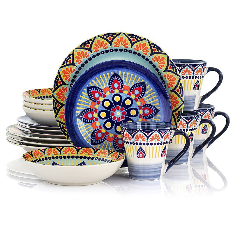 Elama Zen Blue Mozaik 16 Piece Luxurious Stoneware Dinnerware with Complete Setting for 4， 16pc