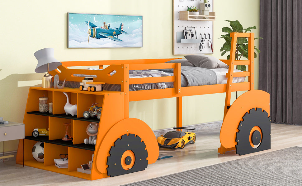 Pine Wood Car-Shaped Low Loft Bed with Shelf for Kids Bedroom, Orange