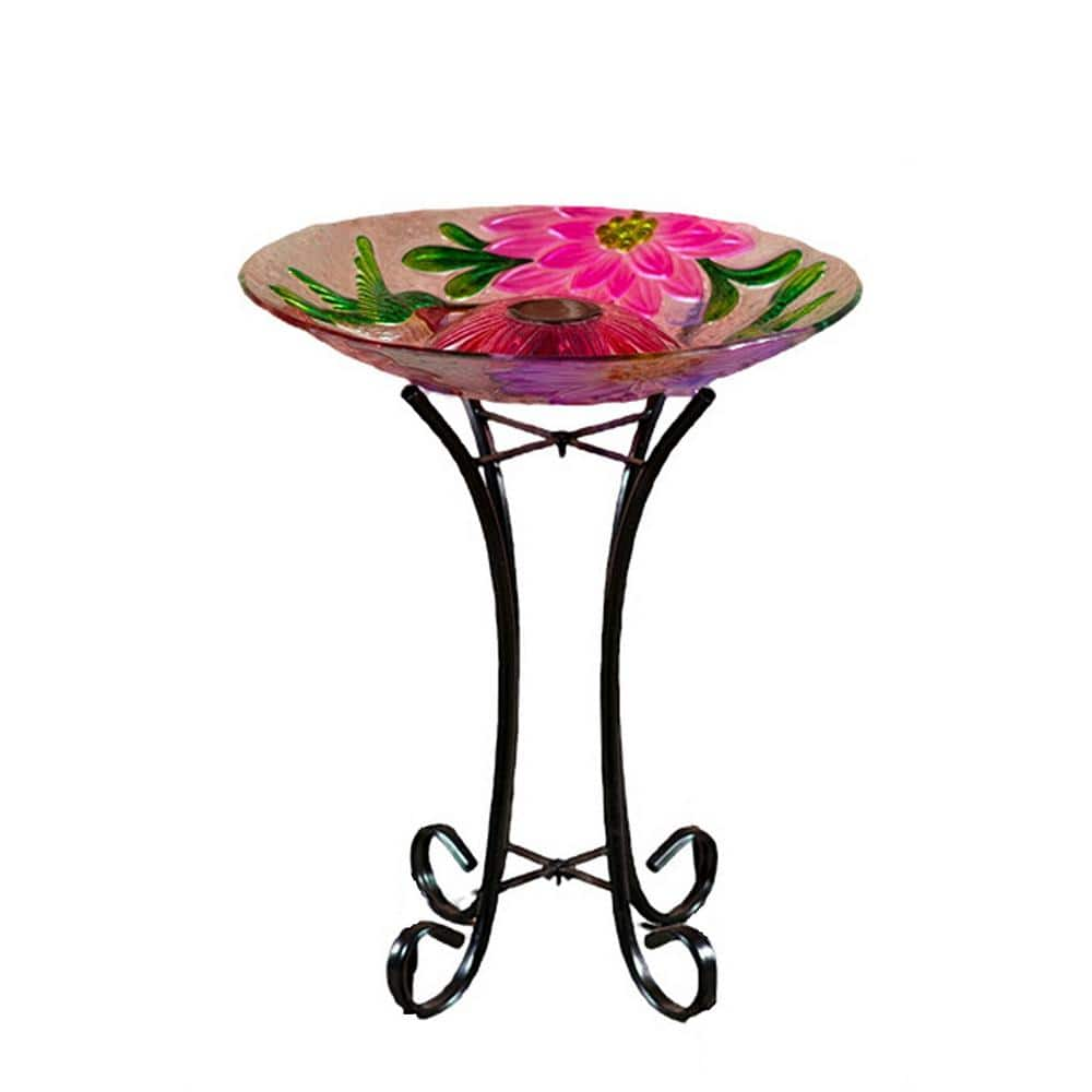 Hi-Line Gift Solar Glass Floral Hummingbird Bird Bath 78415-B