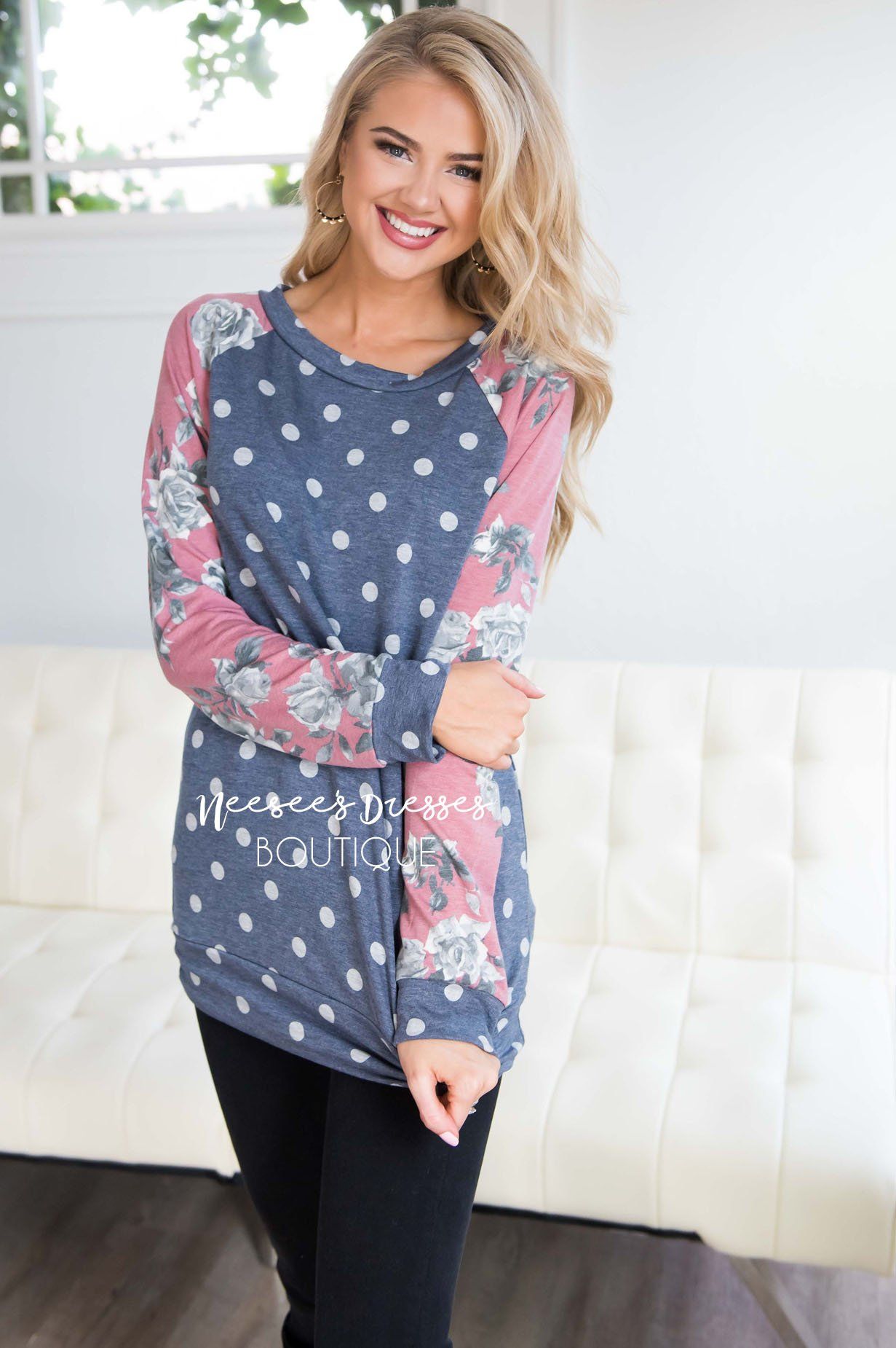 Floral Sleeve & Polka Dot Top