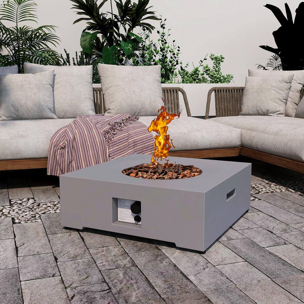 Uixe 30 in. x 11 in. Square Concrete Propane Gray Fire Pit Kit with PVC Weather Cover FOP-210501-1