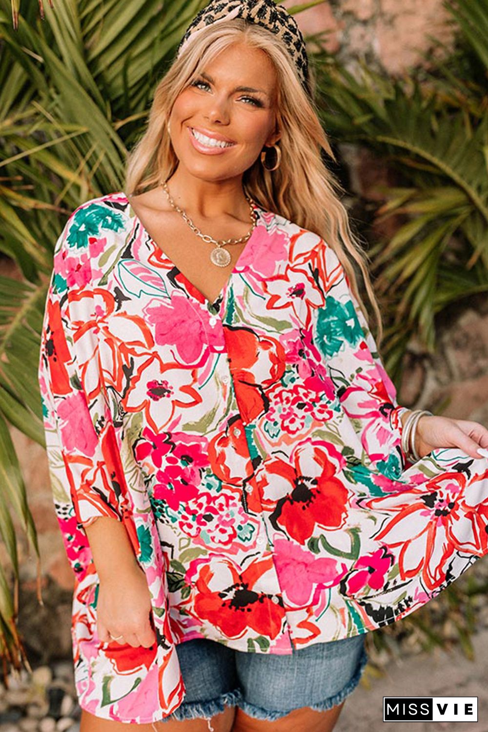 Rose Plus Size Floral Print Kimono Sleeve Shirt