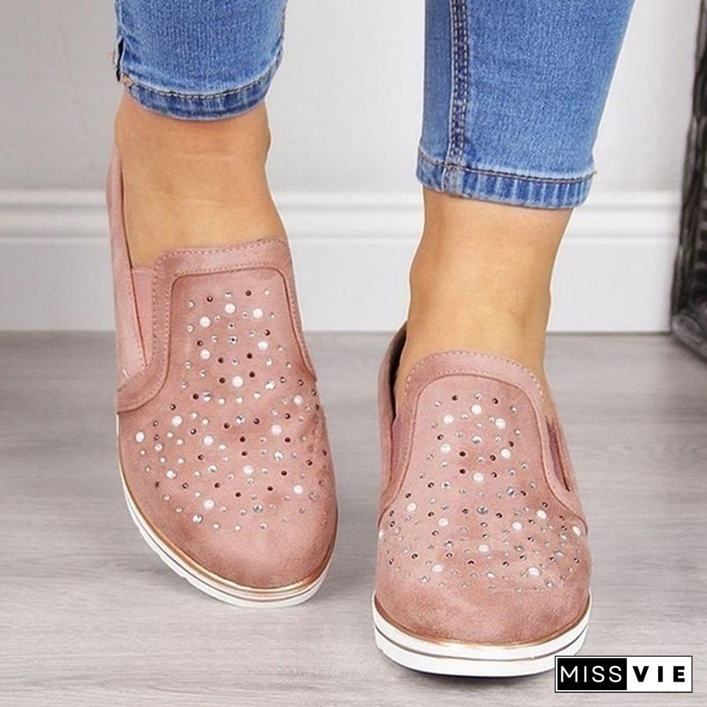 Women Casual Thick Sole Single Shoes Rhinestones Sandals Breathable Wedge Shoes