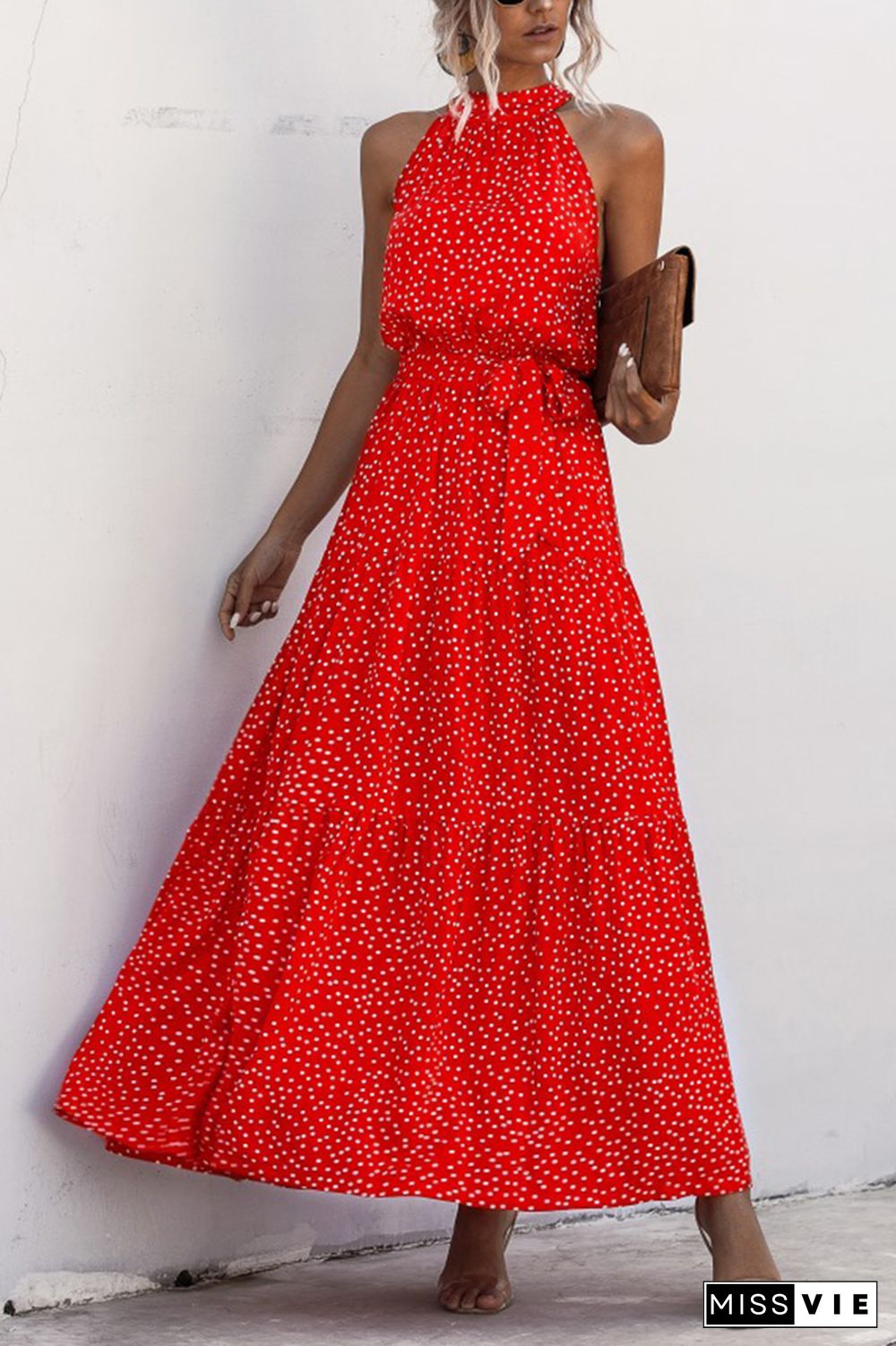 Halter Polka Dot Print Tie Waist Maxi Dress Wholesale