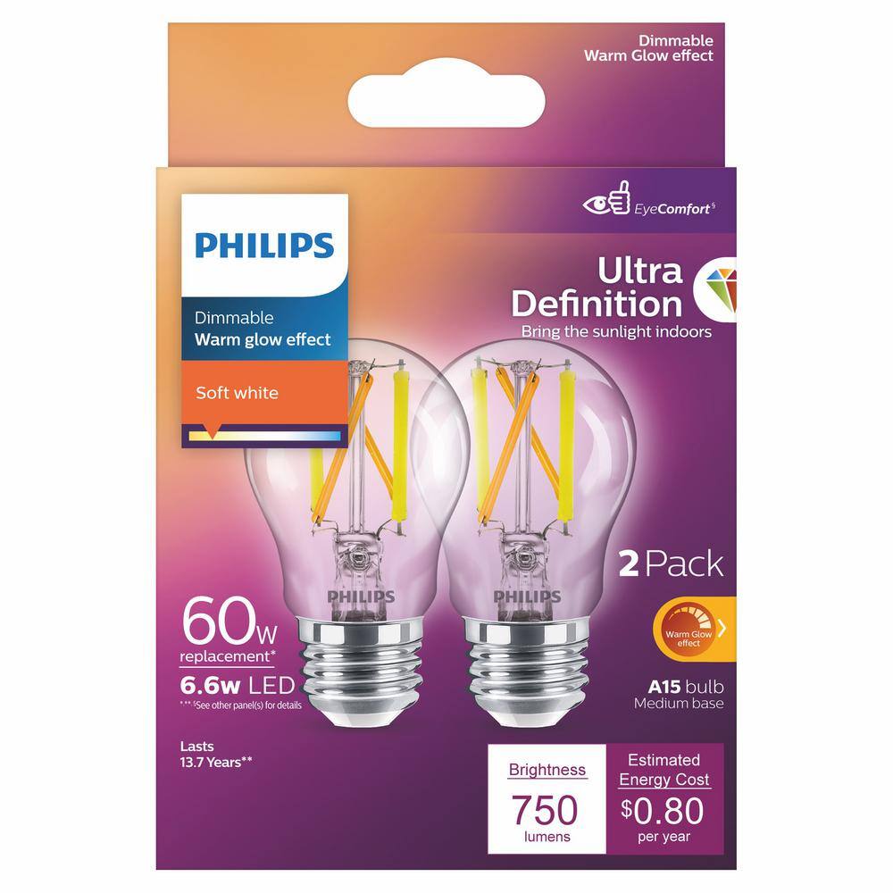 Philips 60-Watt Equivalent A15 Ultra Definition Dimmable Clear Glass E26 LED Light Bulb Soft White with Warm Glow 2700K (2-Pack) 573386