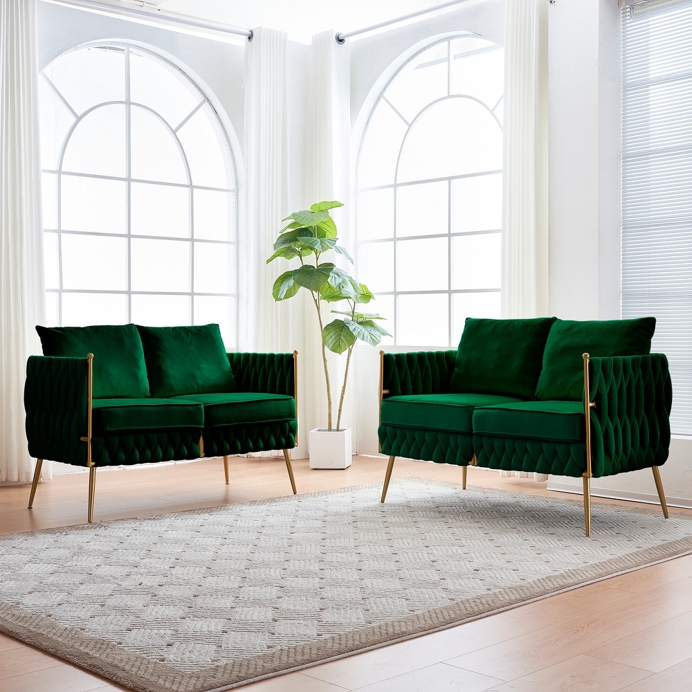 2pcs Loveseat Sofa Sets  Living Room Woven Double Chair Sofa Velvet Accent Armchair Loveseat with Thick Back  Metal Legs  Green