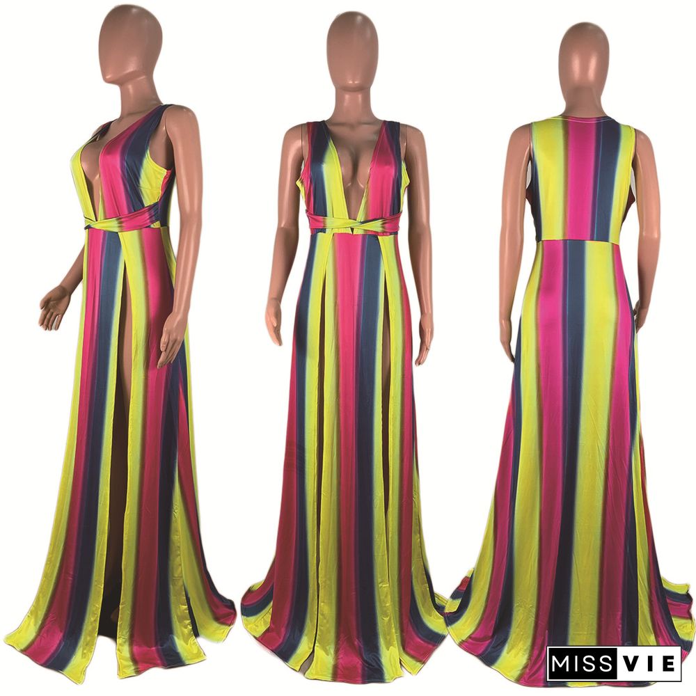 Sexy Rainbow Striped Print Deep V Neck High Slit Maxi Dress