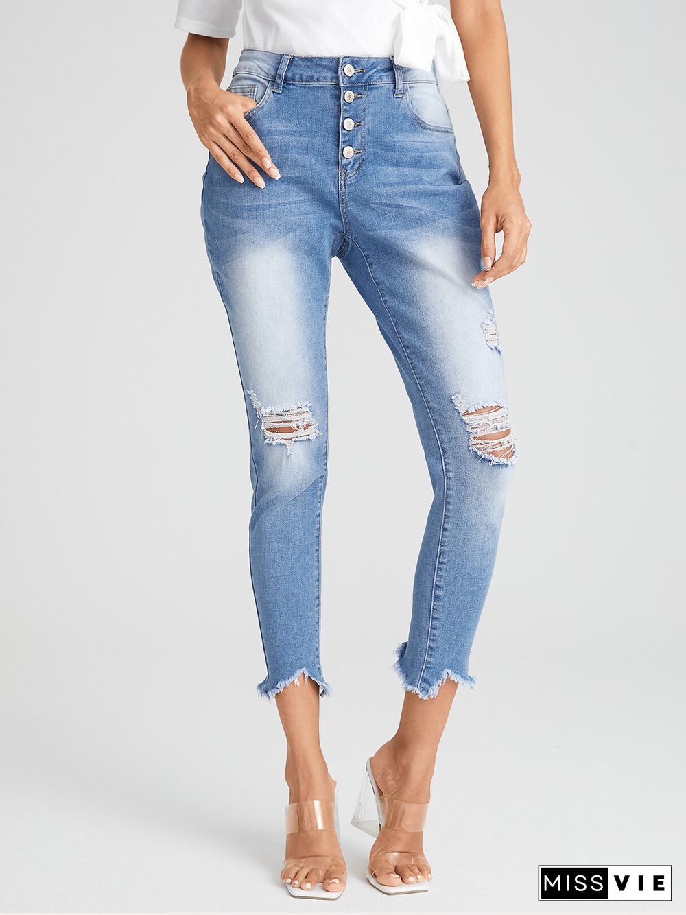 Ripped Washed Button Fly Pencil Jeans With Pocket