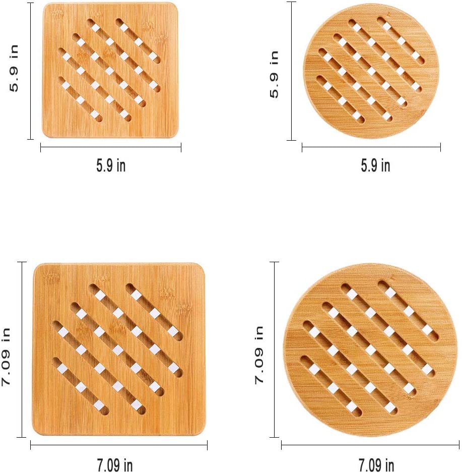 Natural Bamboo Trivet Mat Set， Kitchen Wood Hot Pads Trivet， Heat Resistant Pads for Hot Dishes/Pot/Bowl/Teapot/Hot Pot Holders， Anti-Hot Non-Slip Durable，Square and Round (Pack of 4)