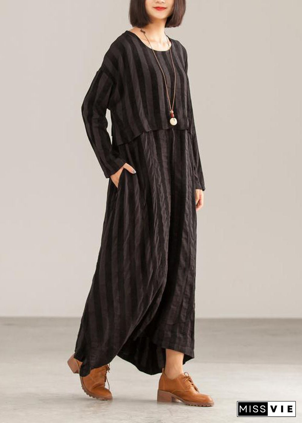 Loose cotton tunics for women Casual Striped Women Casual Loose O-neck Maxi Dress