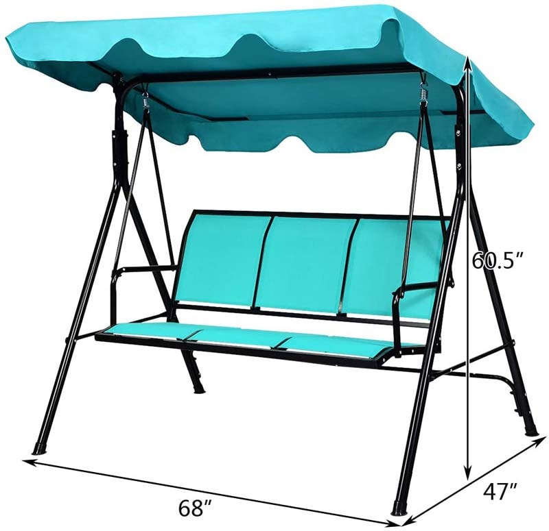 3-Person Metal Outdoor Patio Porch Swing Lounge Chair Bench Glider with Adjustable Canopy