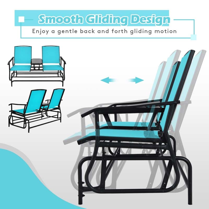 2-Person Outdoor Bench Glider Chair with Center Table, Mesh Fabric Rocking Loveseat for Patio