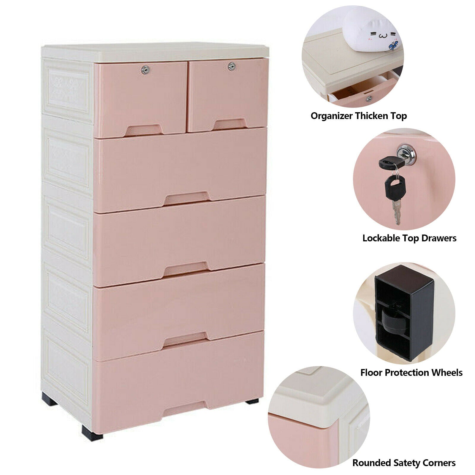 OUKANING 6 Drawer Dresser Finish Storage Cupboard Furniture Clothes Closet Cabinet with 4 Wheels