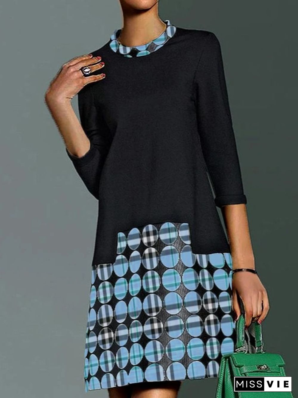 Lady Crew Neck Checked/Plaid Dresses Black Dresses