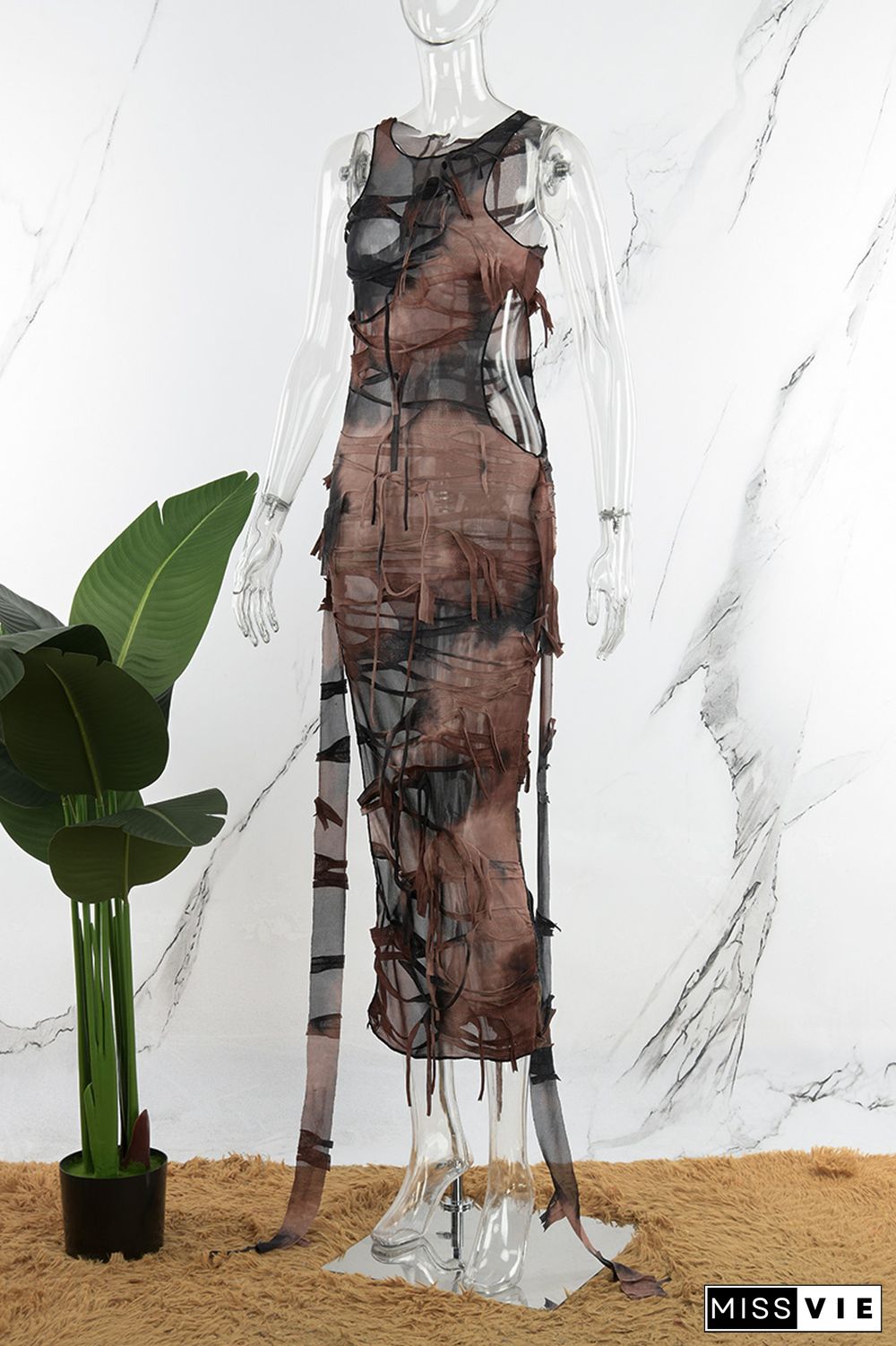 Brown Casual Print Tie Dye Hollowed Out Slit O Neck Sleeveless Dress Dresses