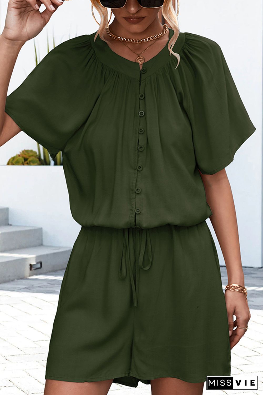 Plain Ruffles Neckline Button Down Rompers