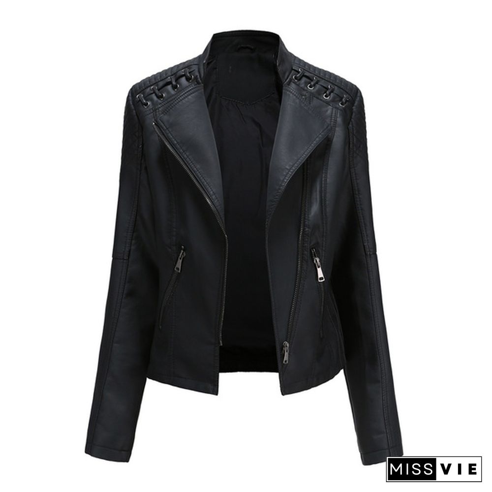 High-quality Fashion Ladies Zipper Casual PU Leather Soft Motorcycle Leather Jacket Coat