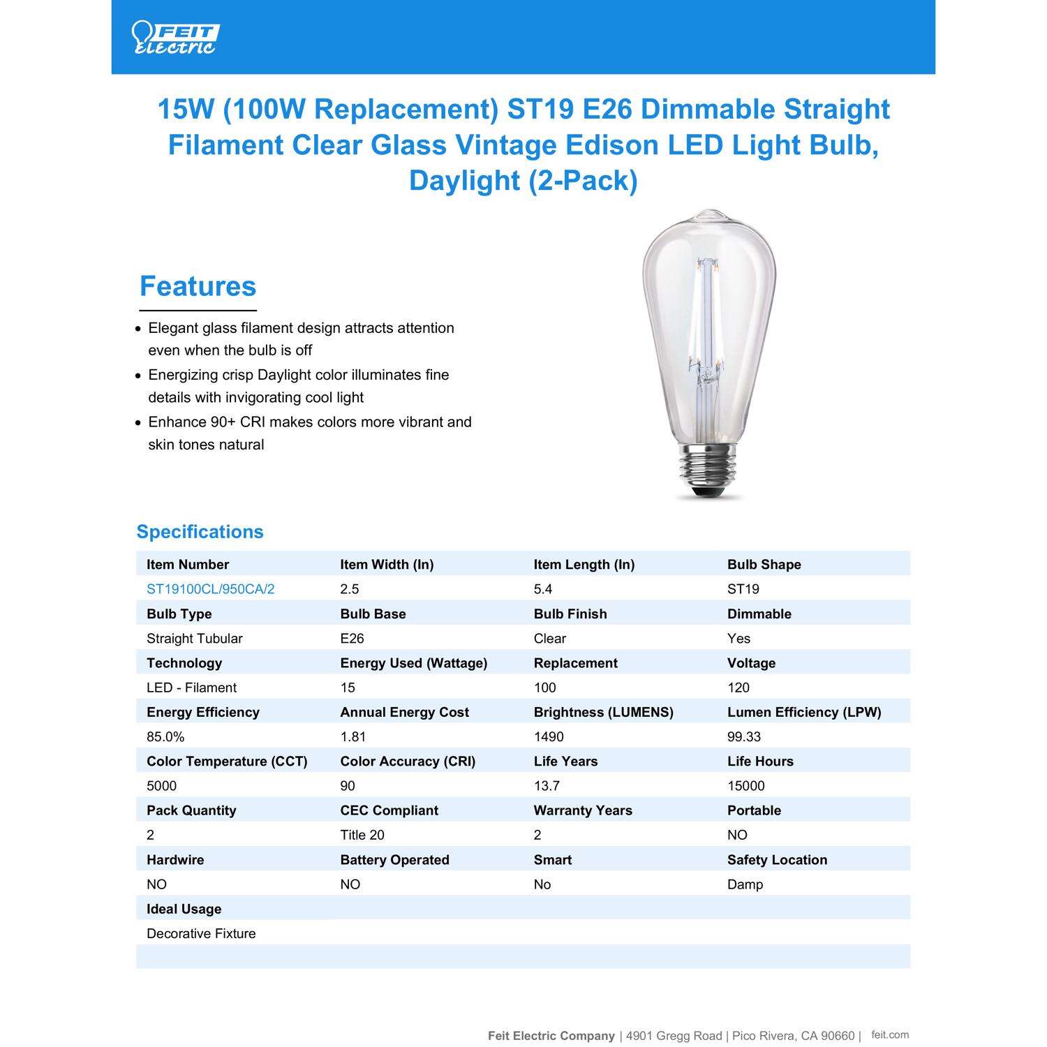 Feit LED Filament ST19 E26 (Medium) Filament LED Bulb Daylight 100 Watt Equivalence 2 pk