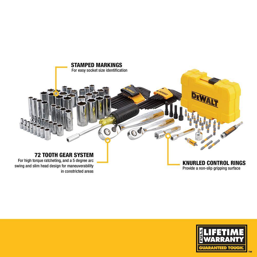 DW 14 in. x 38 in. Drive Polished Chrome Mechanics Tool Set (108-Piece) and 9 ft. x 12 in. Pocket Tape Measure DWMT73801W33028