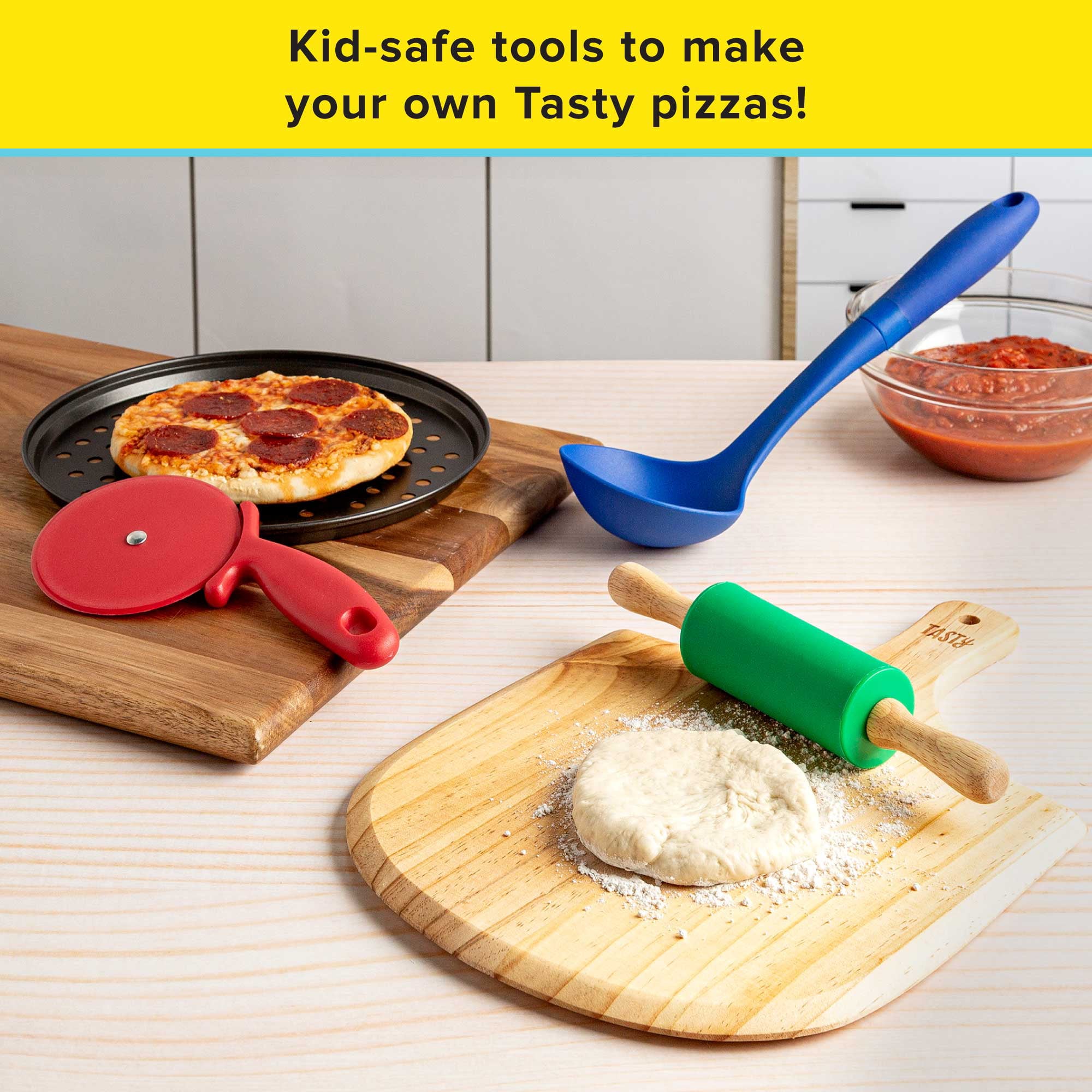 Tasty Kits Pizza Gadget Set, Includes Non-Stick Pizza Pan, Wood Serving Board, and Real Kid-Safe Cooking Tools, Multi-color, 5 Piece