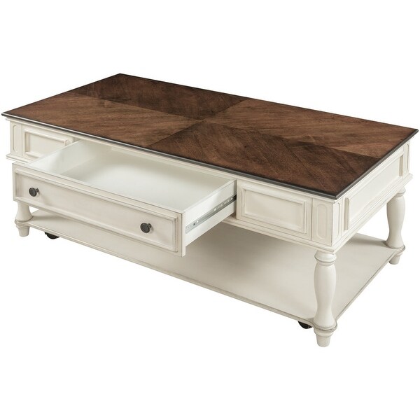 Classic wooden cocktail coffee table with removable vintage center drawers and open shelves