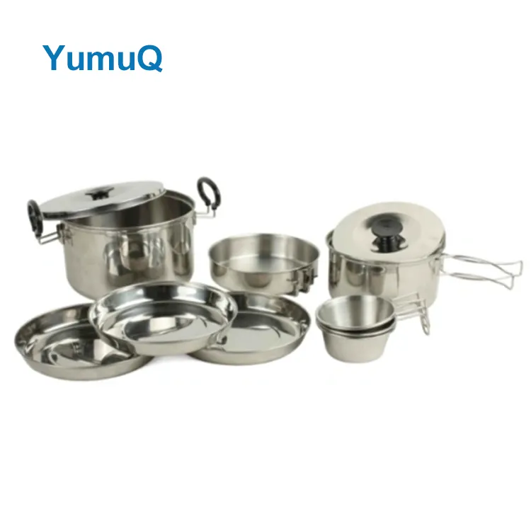 YumuQ 9 Pieces 3 Person Stainless Steel Durable Camping Cookware Set Mess Kit For Outdoor Hiking Travel Cooking