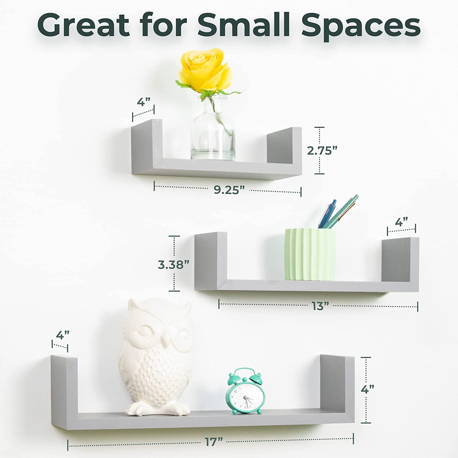 Greenco Set of 3 Floating U Shelves, Gray Finish