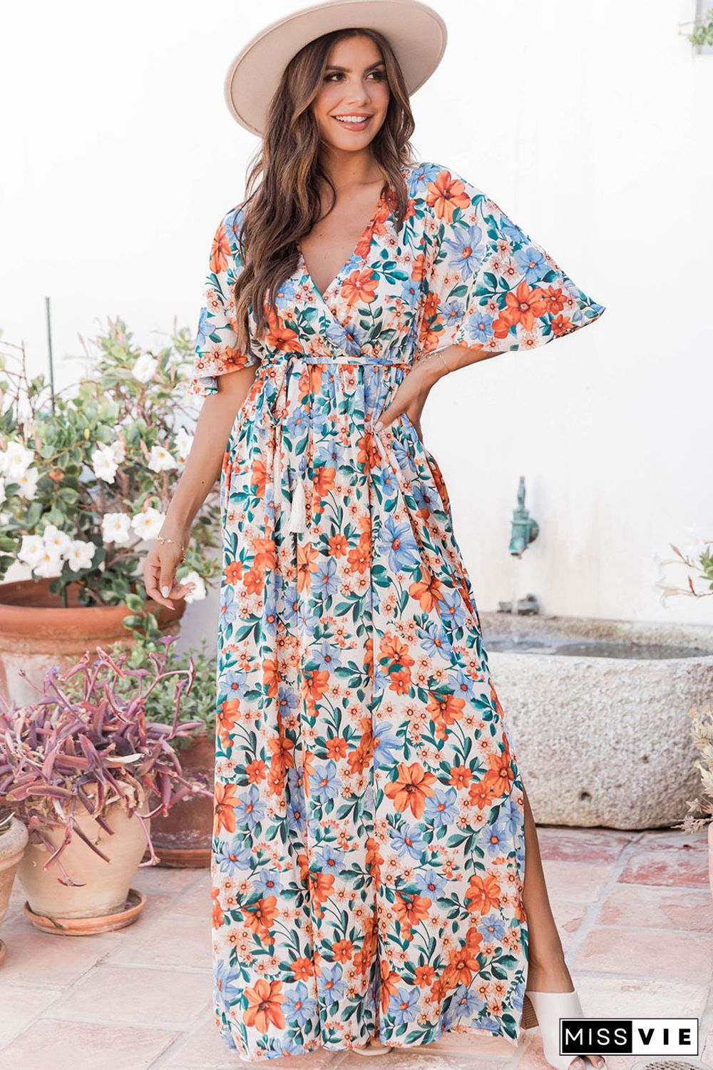 Sky Blue Floral Print Wrap Belted Maxi Dress