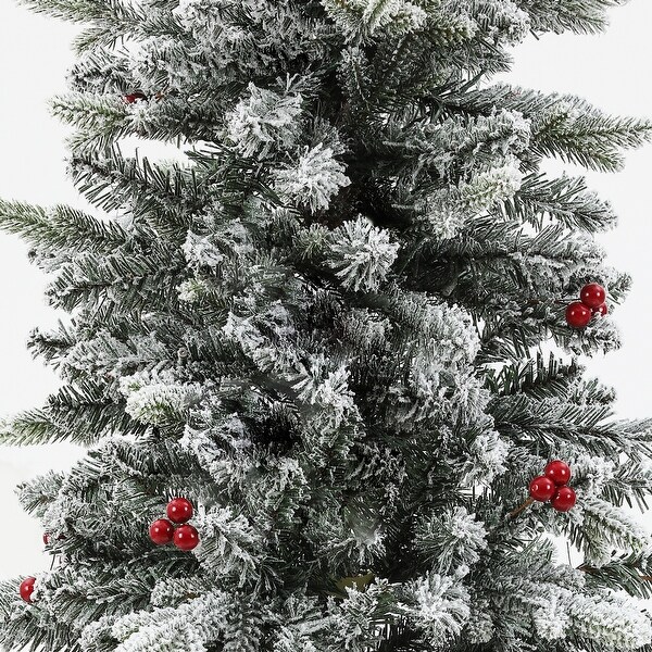 PreLit LED 5ft Snow Flocked Artificial Christmas Tree with Red Berries and Metal Pot