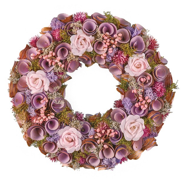 Collections Etc Wooden Pink Rose And Purple Flowers Hanging Wreath