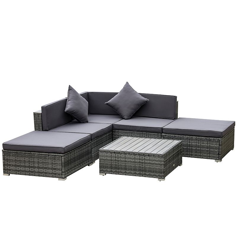 Outsunny 6-Piece Patio Furniture Sets Outdoor Sectional Sofa Set PE Rattan Conversation Sets with Corner Sofa， Middle Sofa， and Acacia Wood Top Coffee Table， Grey