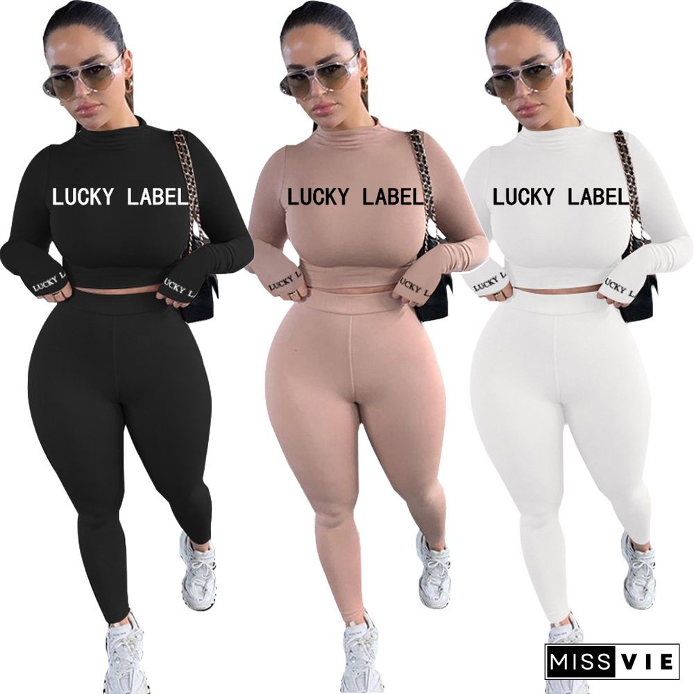 Lettered Long Sleeve Breathable Skinny Pants Two-piece Set