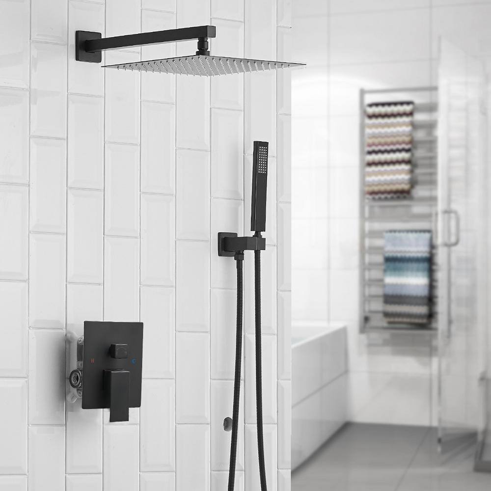 KINWELL 12 In 0-Jet Luxury Rain Mixer Shower Combo Set Wall with Pressure Balance Valve In Matte Black UCA-95012-Black