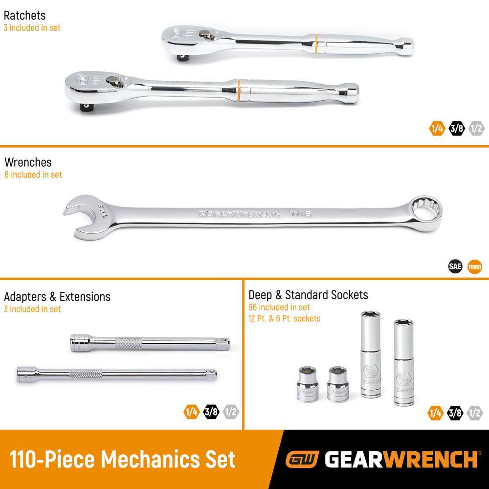 GEARWRENCH 14 in. 38 in. and 12 in. Drive Standard and Deep SAEMetric Mechanics Tool Set (110-Piece) 89058