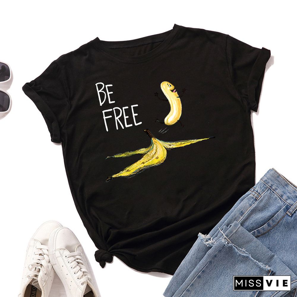 JCGO Summer Cotton Women T Shirt Fashion Short Sleeve Funny Free Banana Print Ladies Tee Shirt Tops Casual O-Neck Female T-shirt