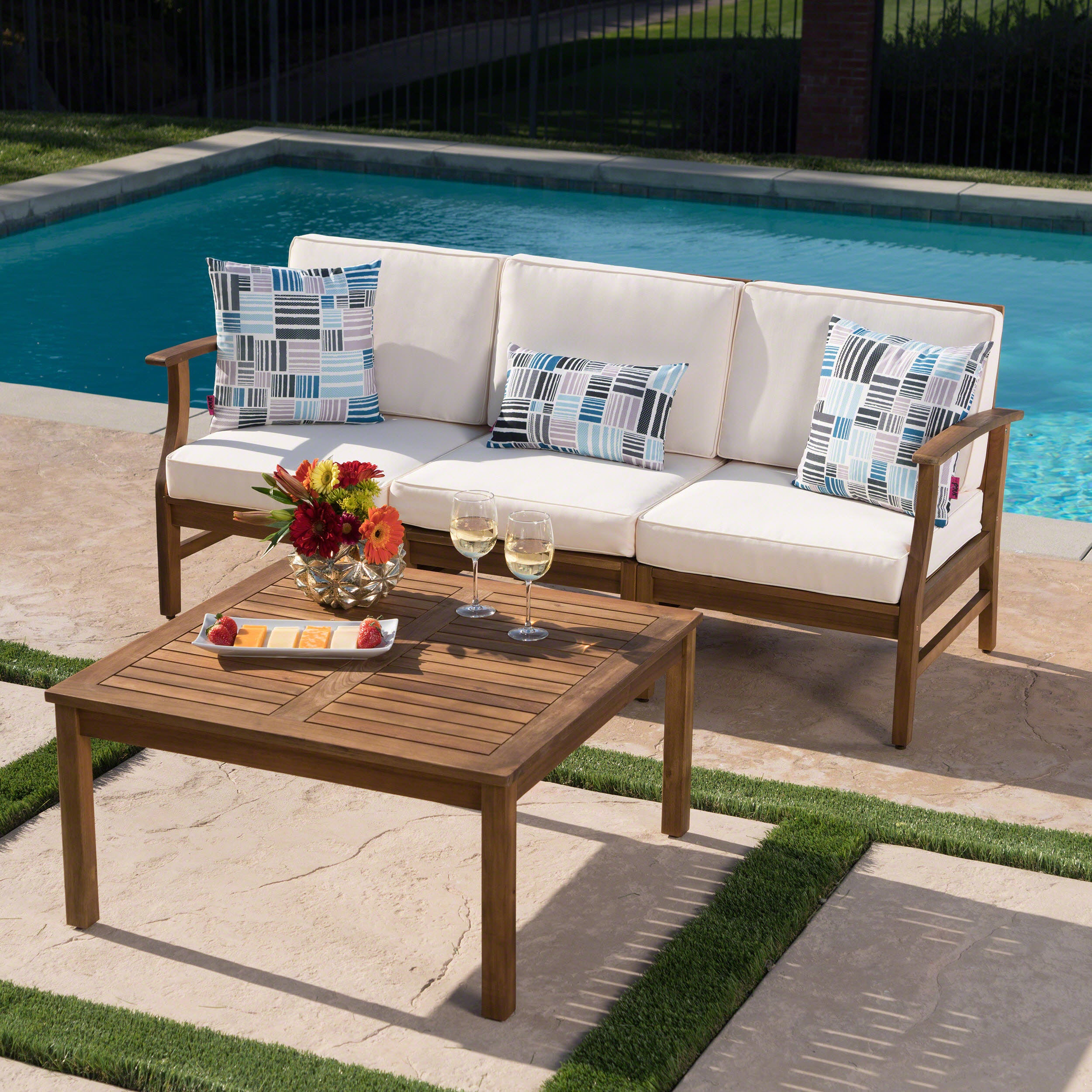 Scarlett Outdoor 3 Seat Teak Finished Acacia Wood Sofa and Table Set