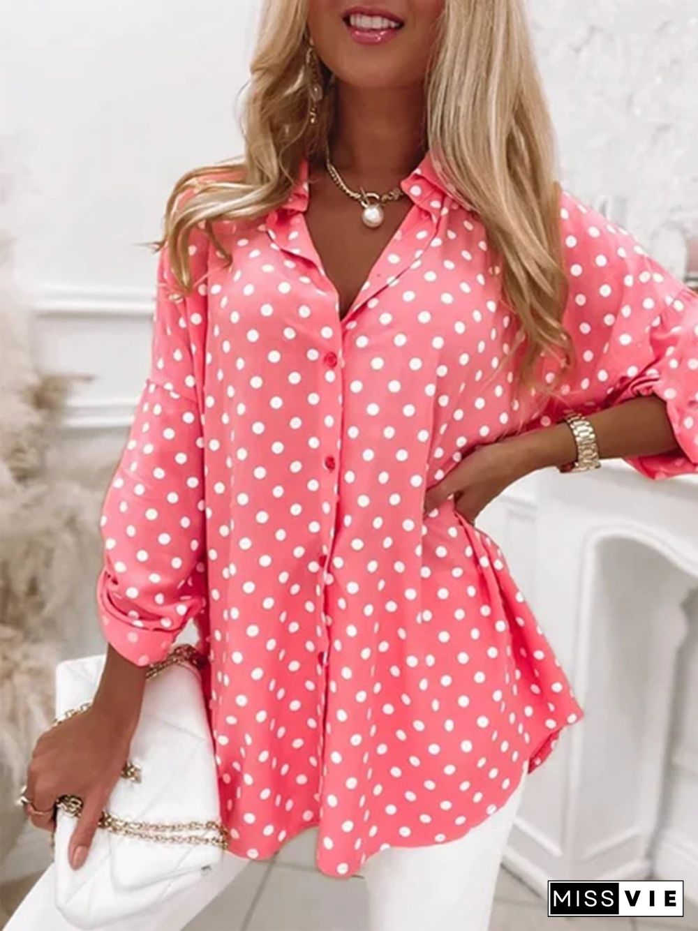 Polka Dots Long Sleeve Plus Size Casual Tops